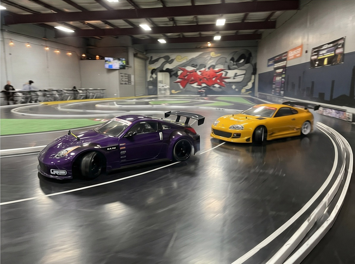 RC drift car holding angle through the Orbital RC track chicane, St Albans
